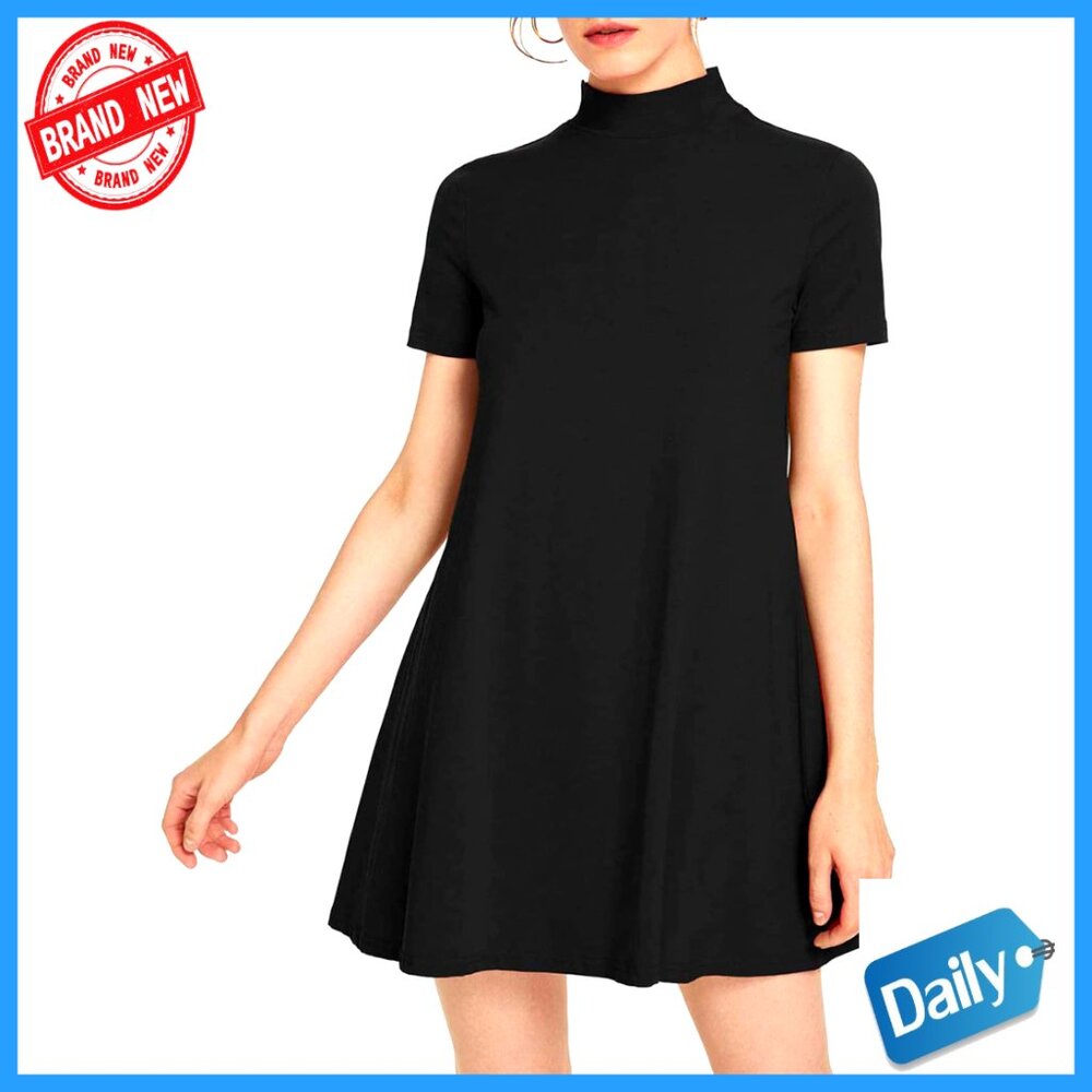 Mock Neck T-Shirt Dress Casual Swing Mini Loose Fit Cotton Blend Y2k Chic